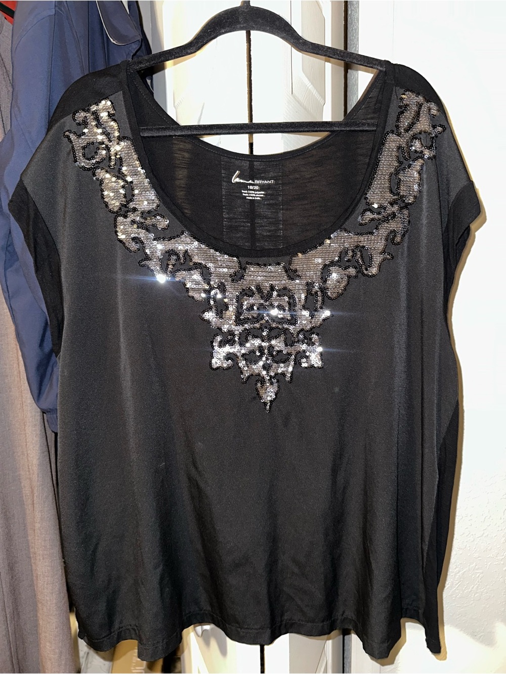 Lane Bryant Black Short Sleeve Top with Sequin Embellished Scoop Neck